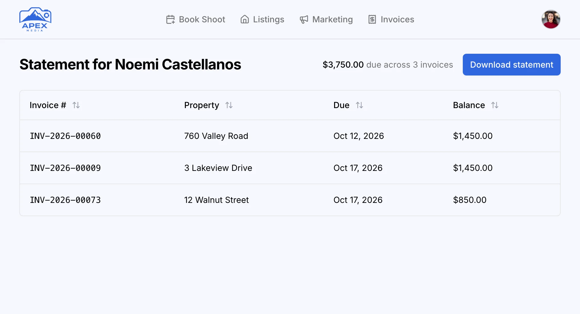 Statement for Noemi Castellanos: $3,750.00 due across 3 invoices, with Download statement