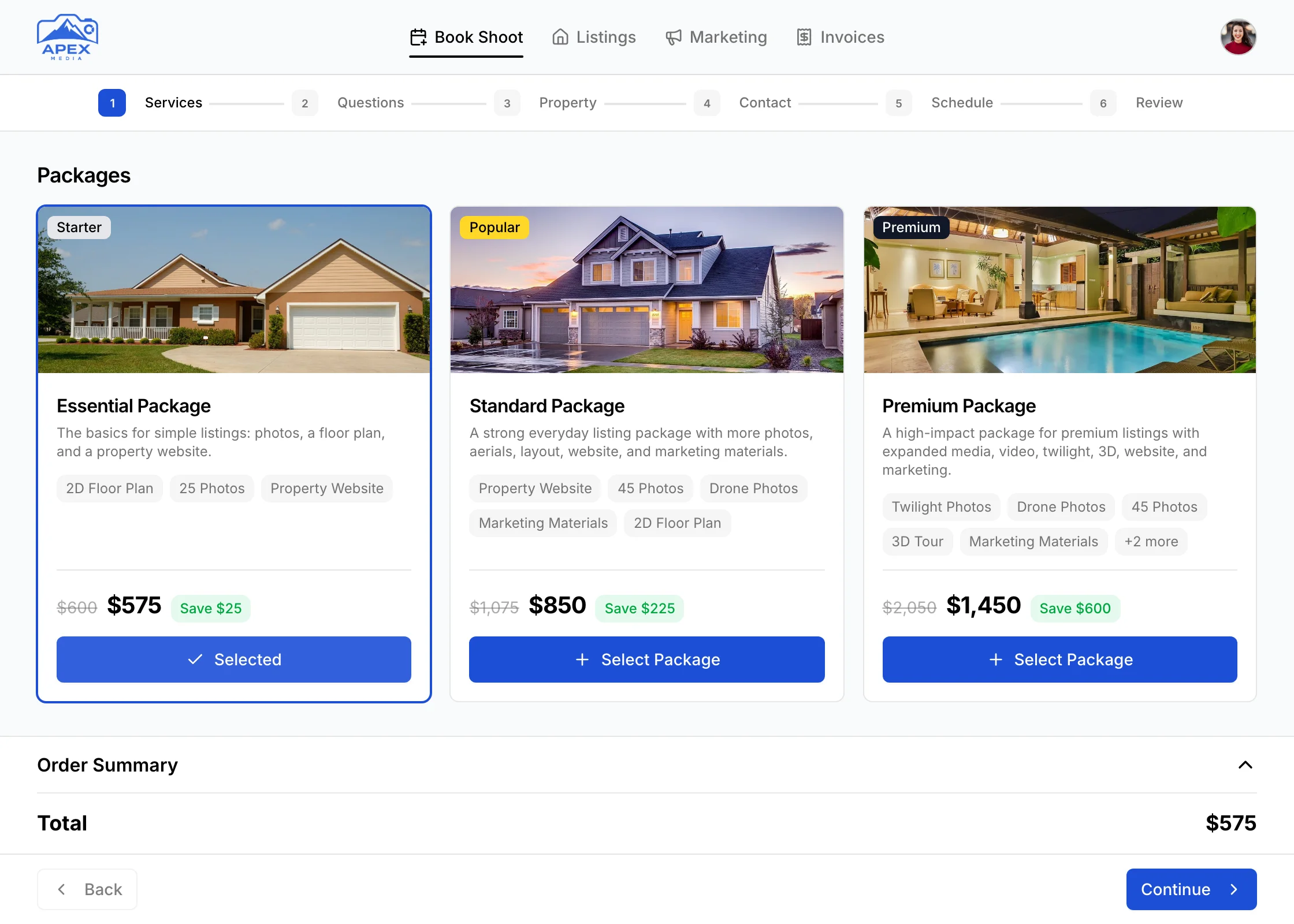 A studio's booking page with the Essential Package picked from three packages