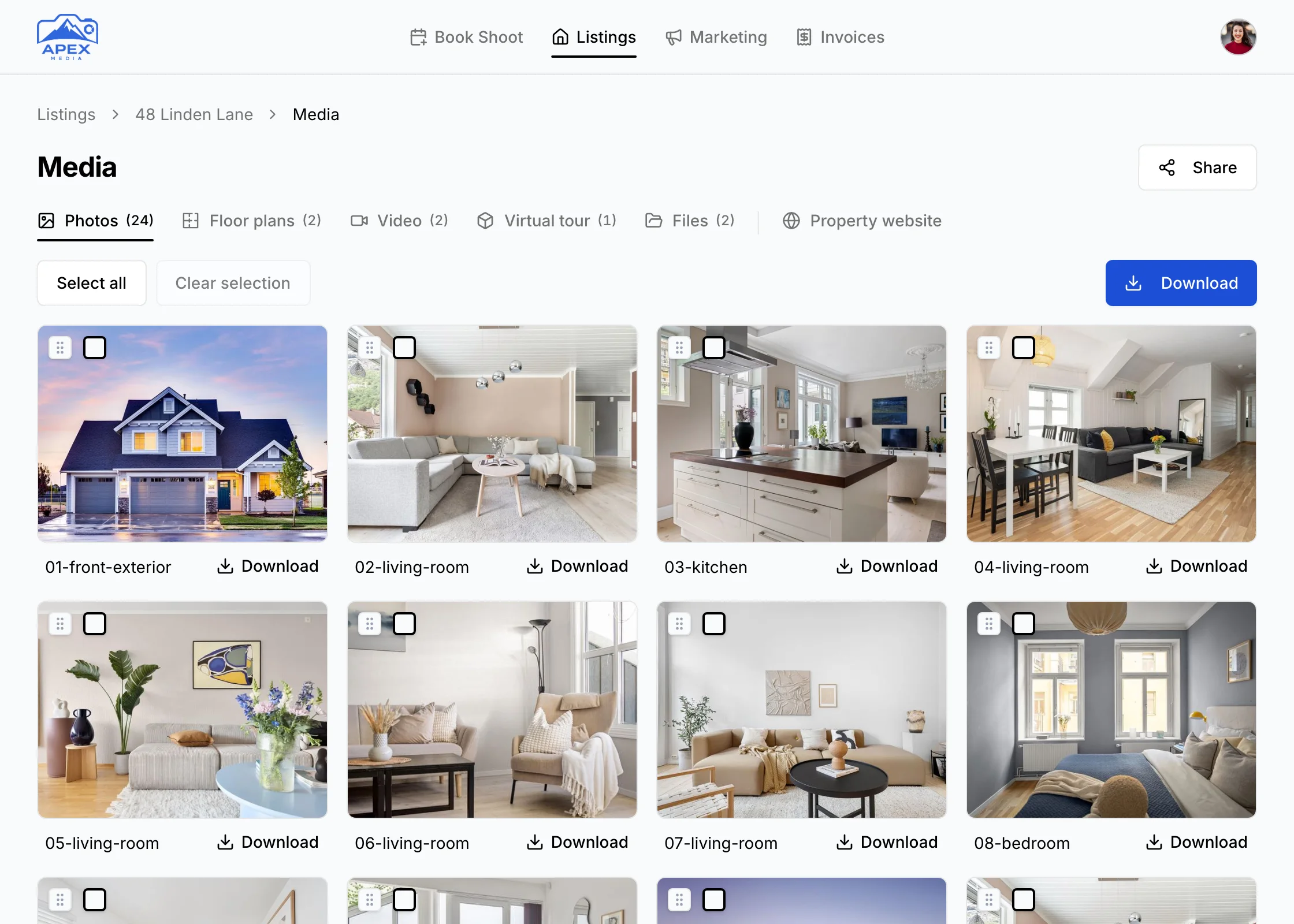 An agent's branded download page for 48 Linden Lane, with the photos named by room