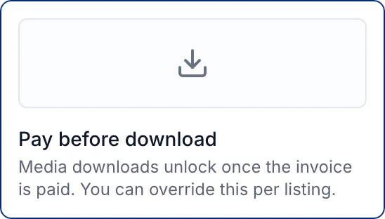 The studio's setting: pay before download, so media downloads unlock once the invoice is paid