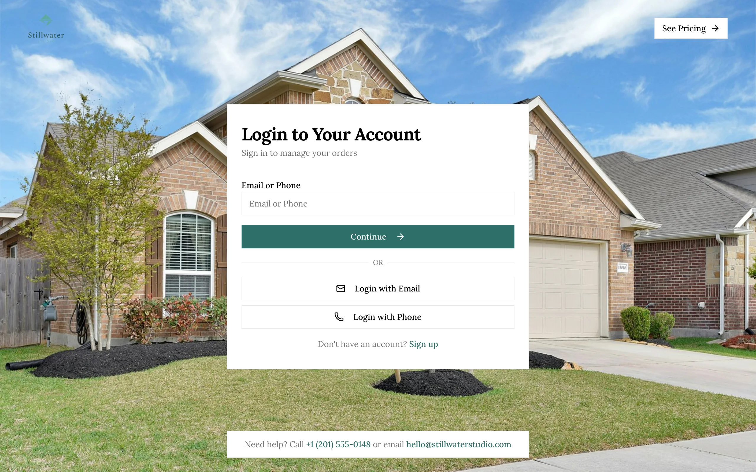 Stillwater Studio's login page: a teal, square-cornered form in a serif font, over a photo of a brick house