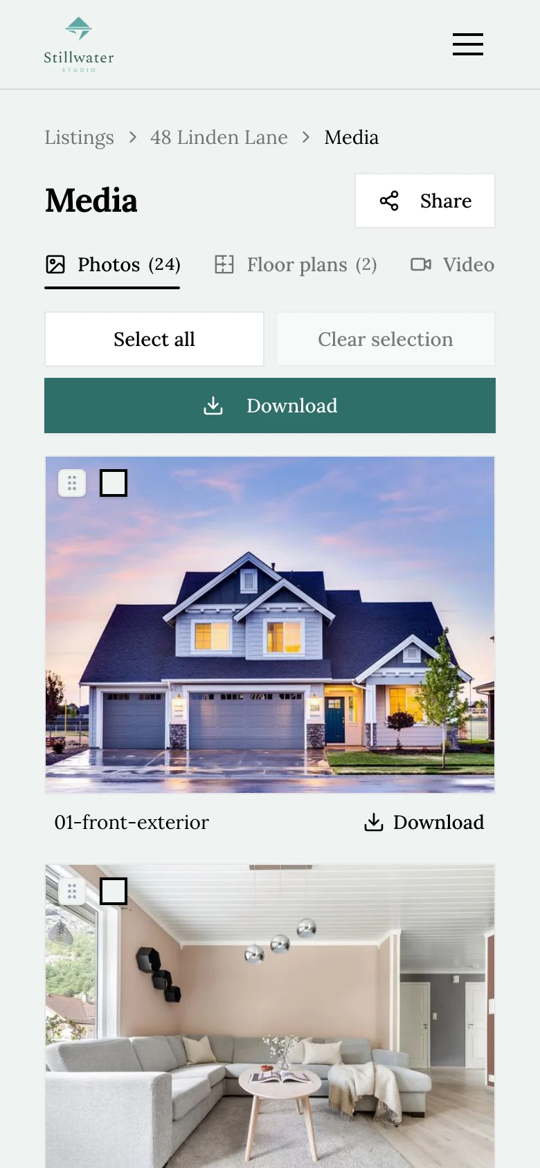 The same photos on a phone, under Stillwater Studio's logo, with a teal, square Download button