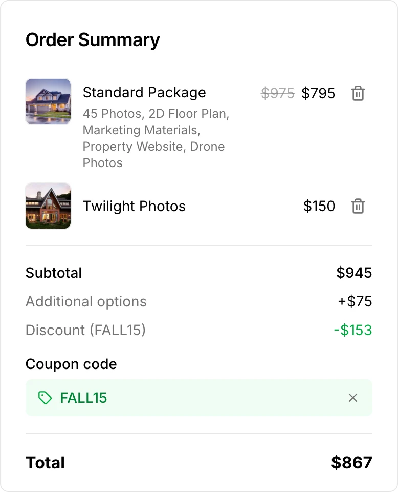 The order summary with FALL15 applied: $153 off, for a $867 total