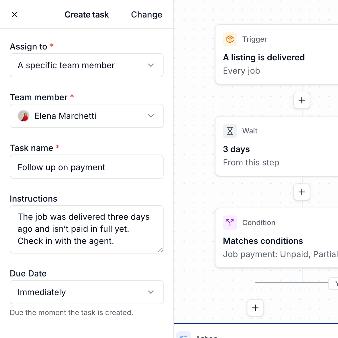 Create task settings: assigned to Elena Marchetti, Follow up on payment, with instructions, due immediately, beside the workflow