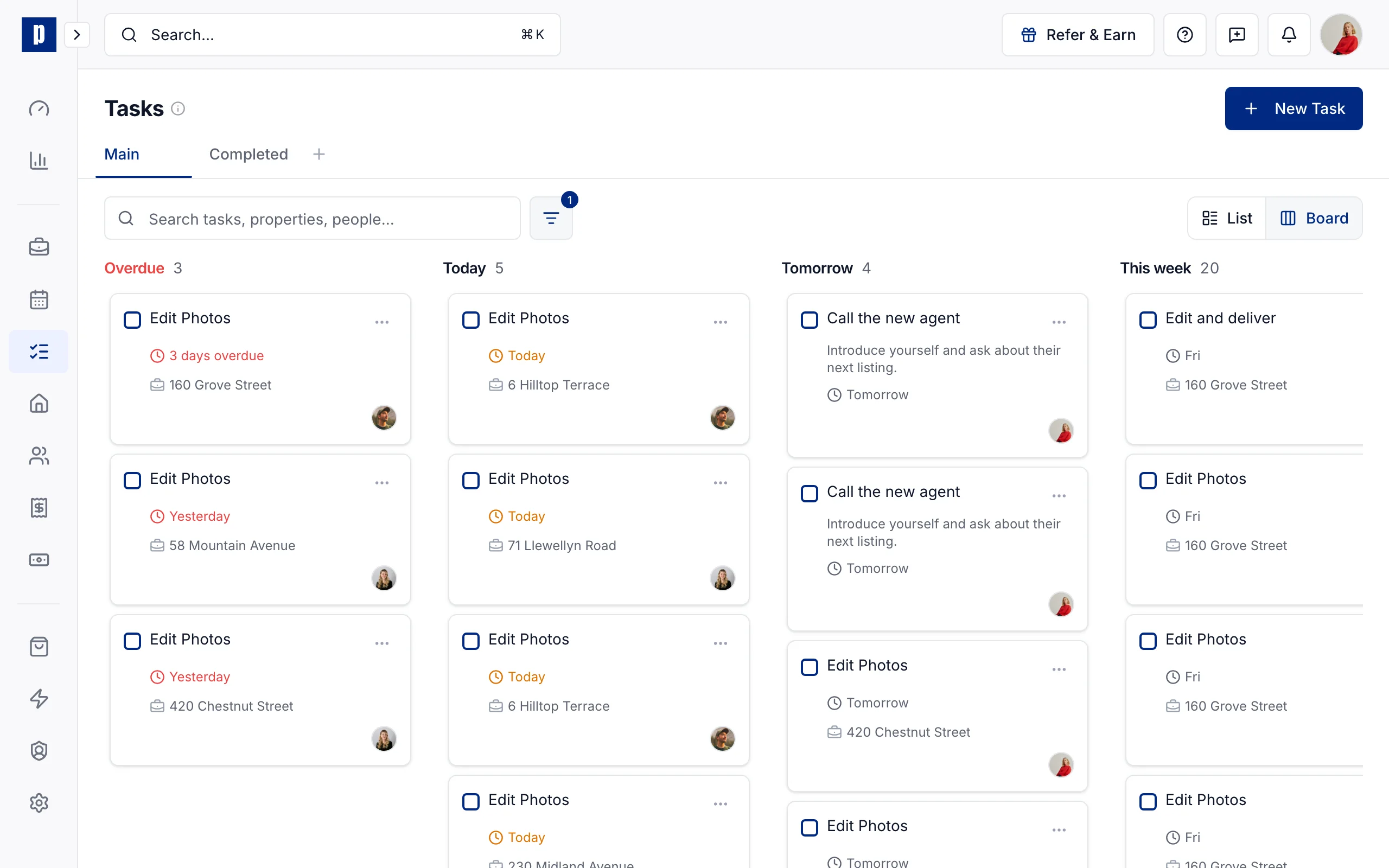 The tasks board with tasks created by workflows, grouped by when they are due