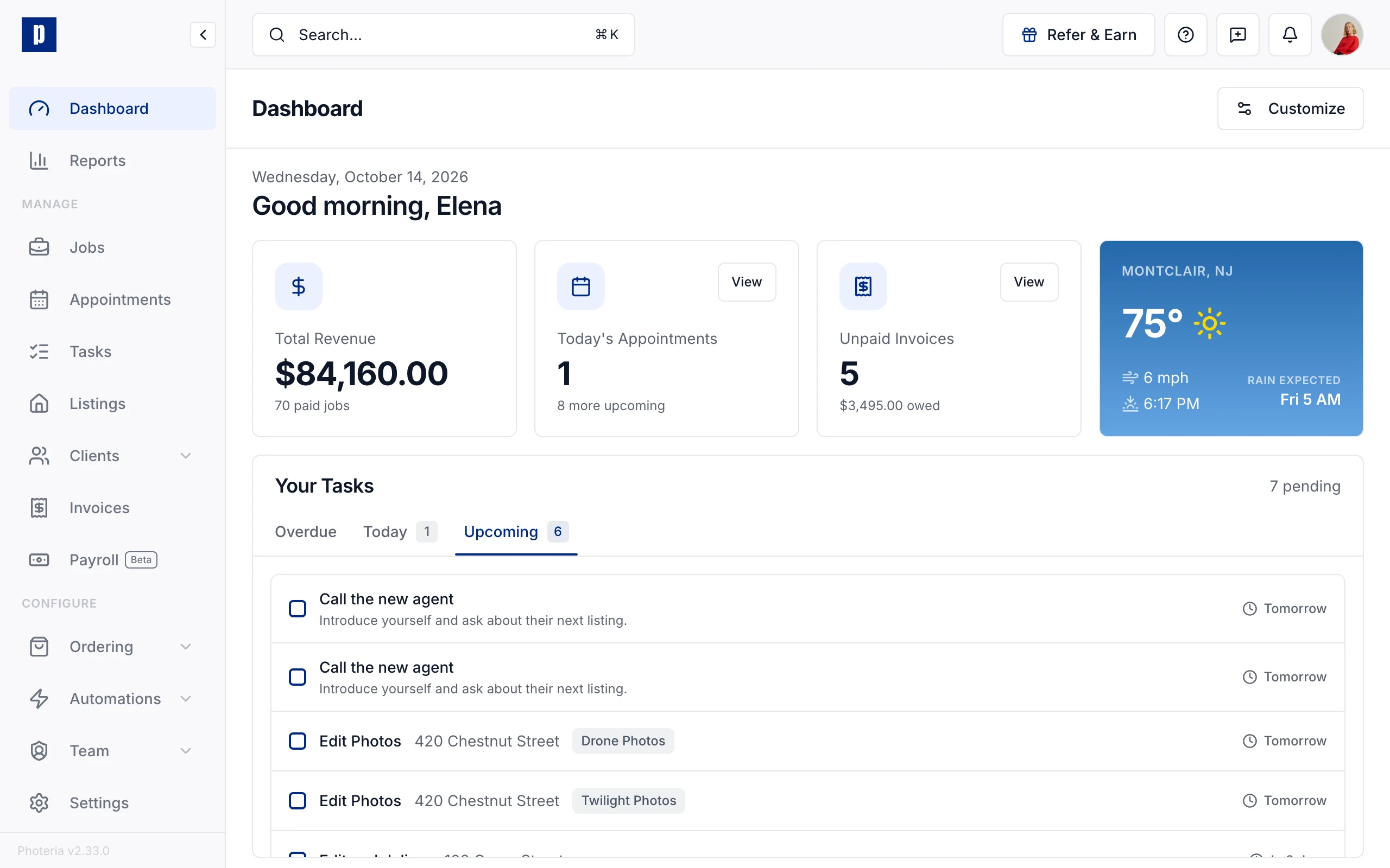 The dashboard: today's appointments, unpaid invoices, and tasks that need attention