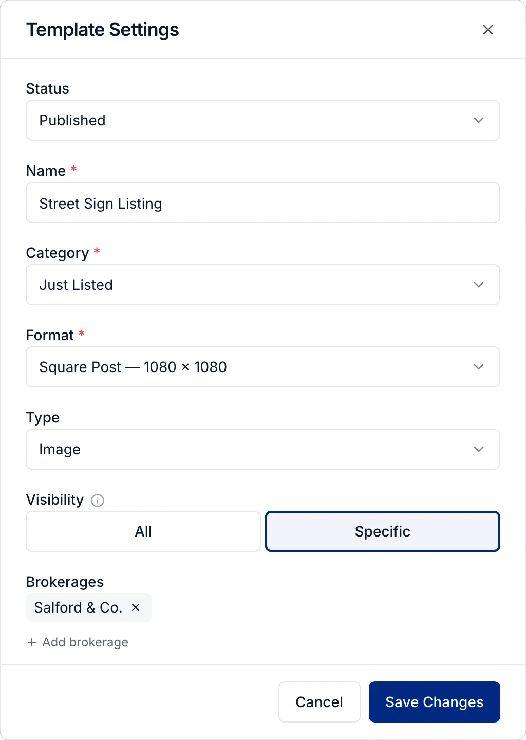 Template Settings: Street Sign Listing, published, visible to specific brokerages and agents