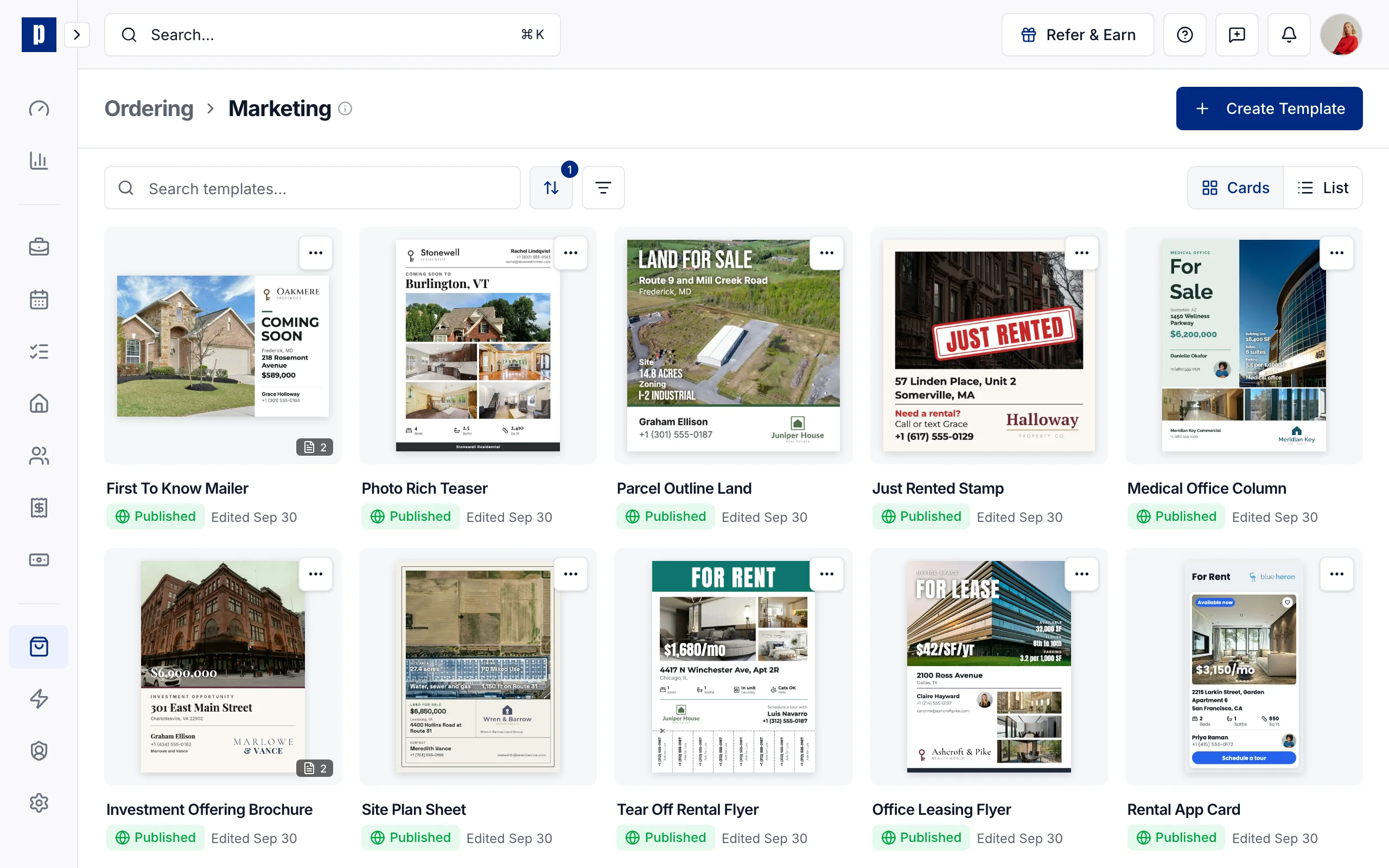 Ordering > Marketing: the studio's templates, each published
