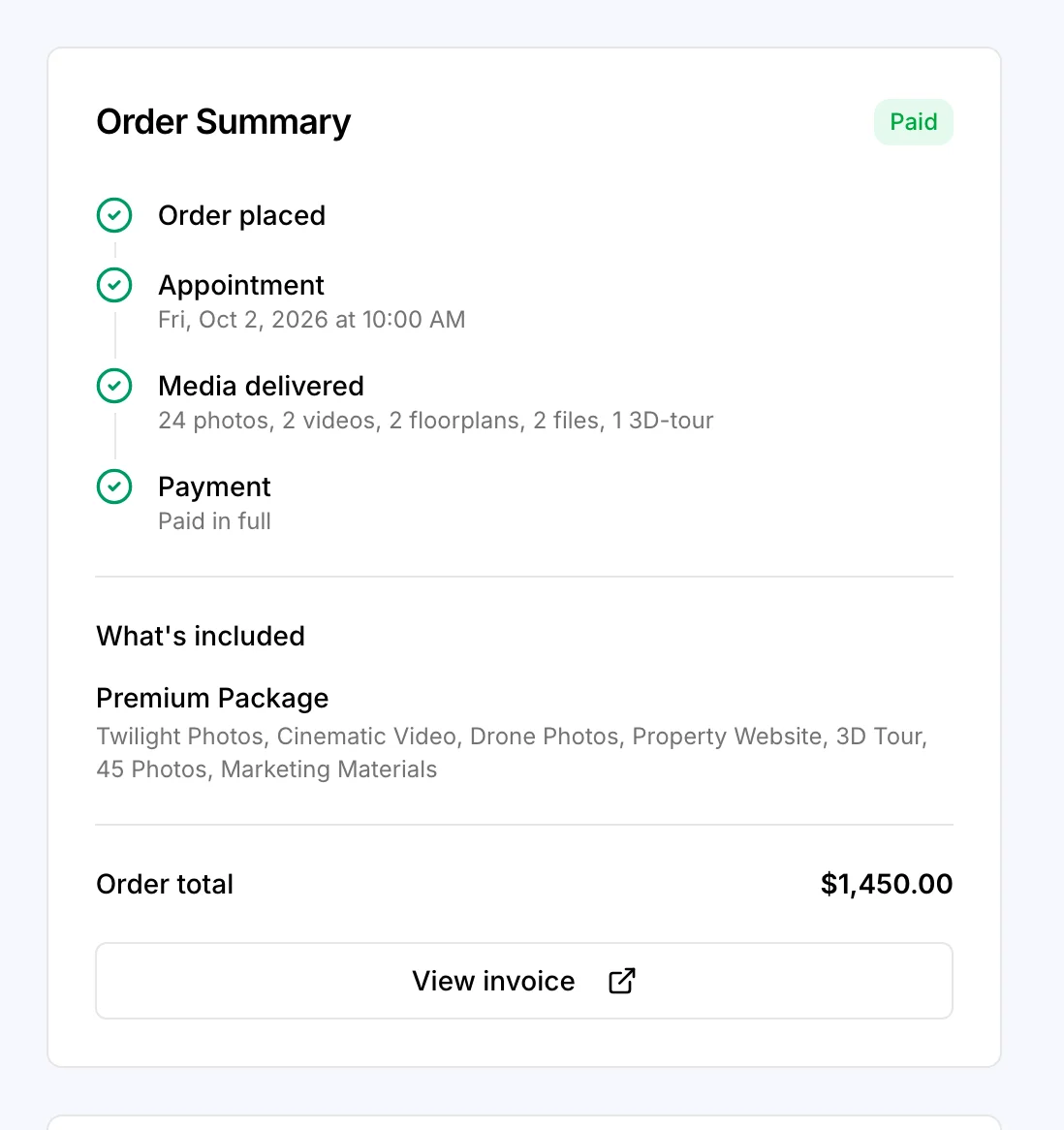 48 Linden Lane's order: placed, shot on Oct 2, delivered, and paid in full