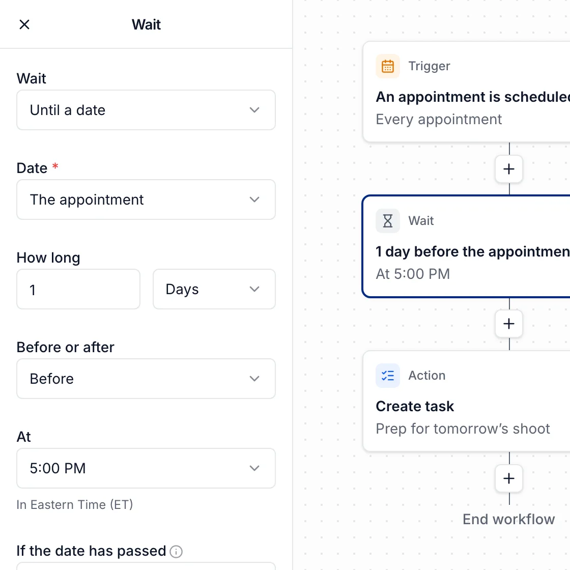 Wait settings: until the appointment, 1 day before, at 5:00 PM, beside the workflow with the wait step selected
