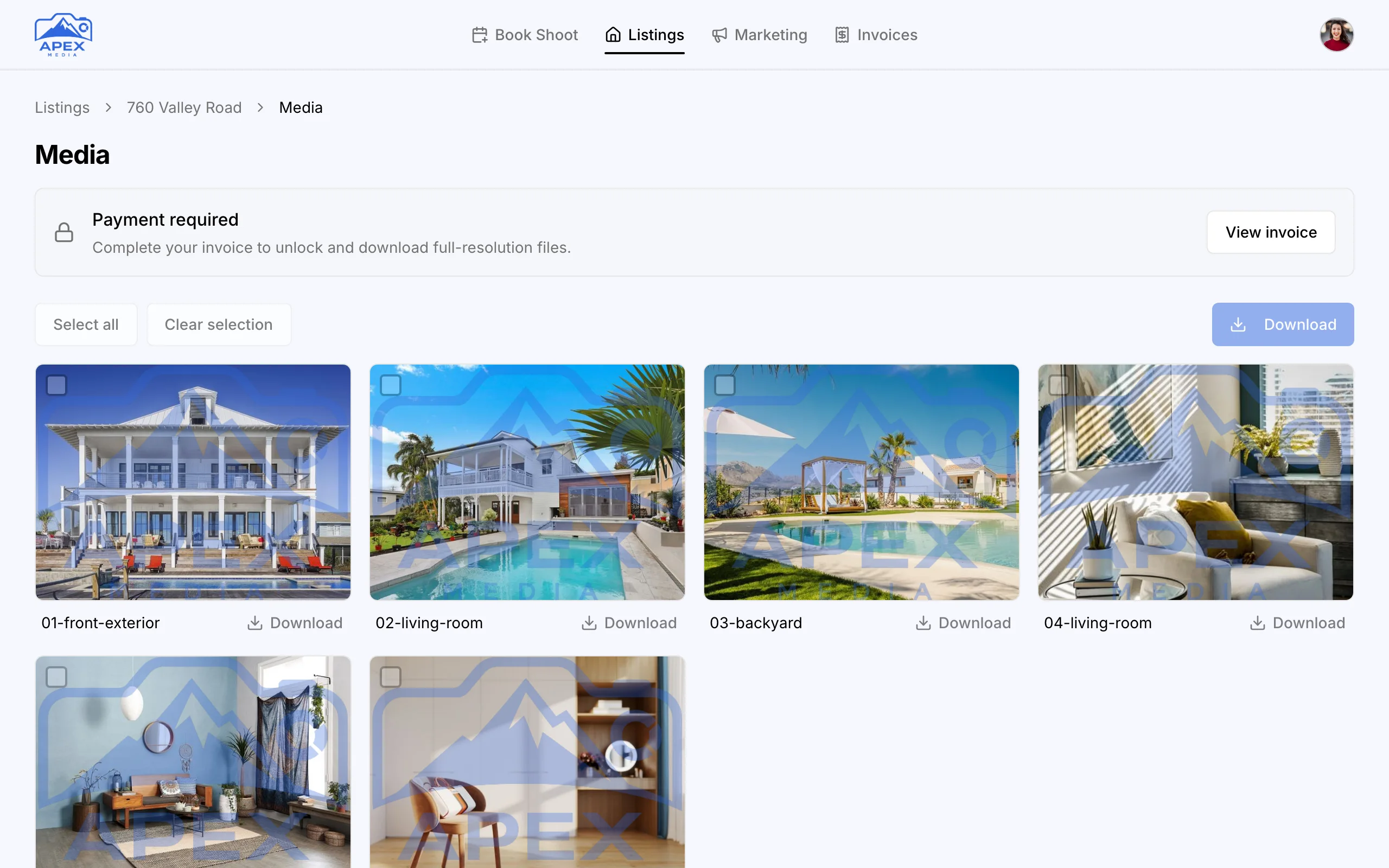 760 Valley Road's photos under Apex Media's watermark, with Payment required above them