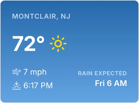 The weather card: 72 degrees and sunny in Montclair, sunset at 6:17 PM, rain expected Friday morning