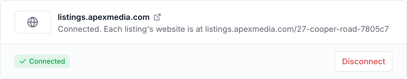 Website Address: listings.apexmedia.com, Connected